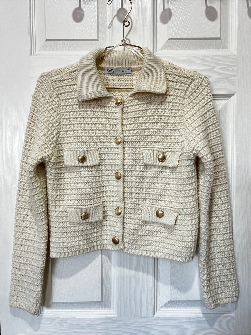 ZARA Collar Knit Sweater Jacket Gold Tone Buttons Ivory Cream Size Small Chic